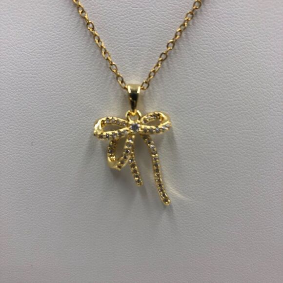18K Gold Plated Women's Tied Bow Ribbon Shape Necklace Cubic Zirconia Waterproof - Picture 3 of 12